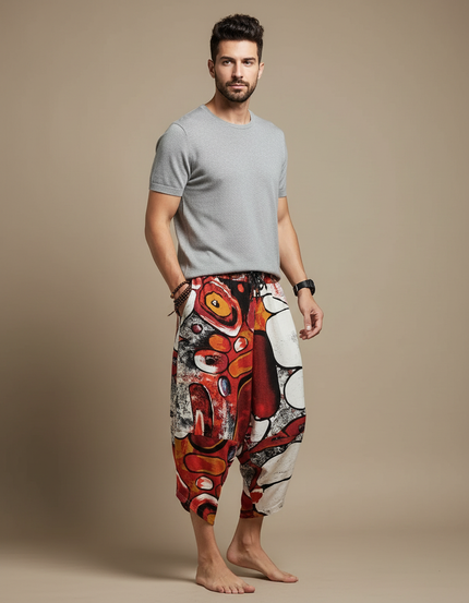 Pantalon Fluide Rouge Imprimé Abstrait Harem Coton