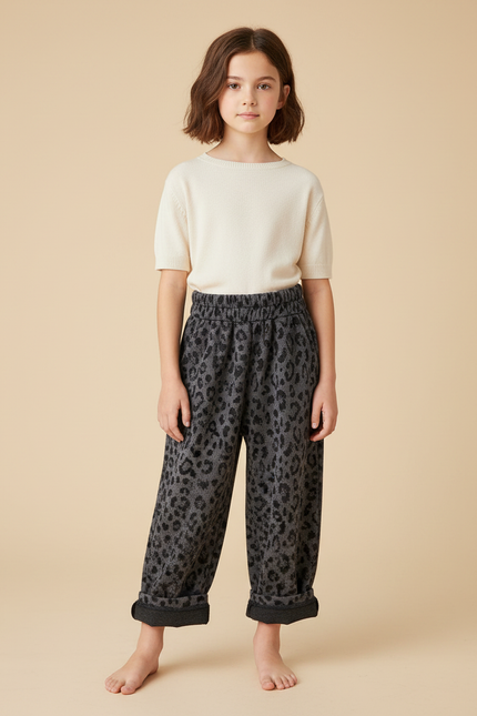 Pantalon Fluide Léopard Gris Ample Décontracté Enfant - Molleton