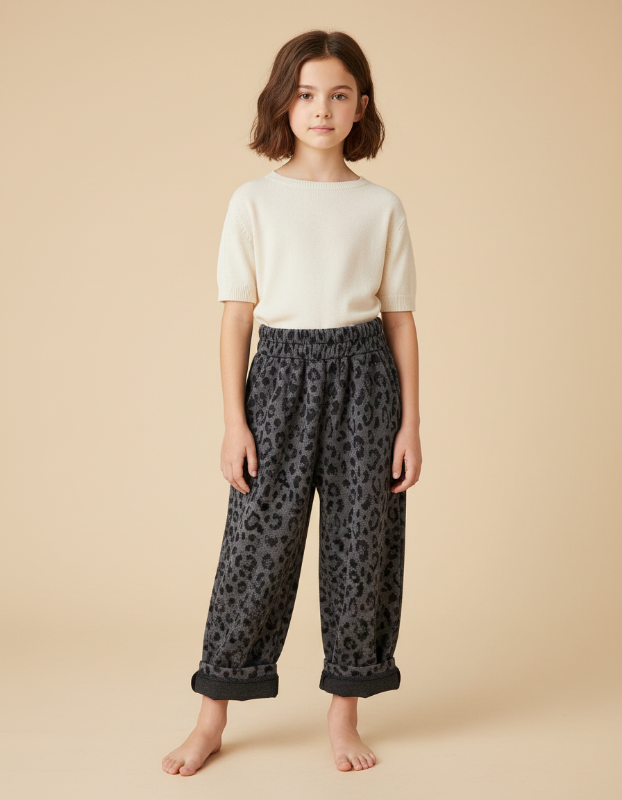Pantalon Fluide Léopard Gris Ample Décontracté Enfant - Molleton
