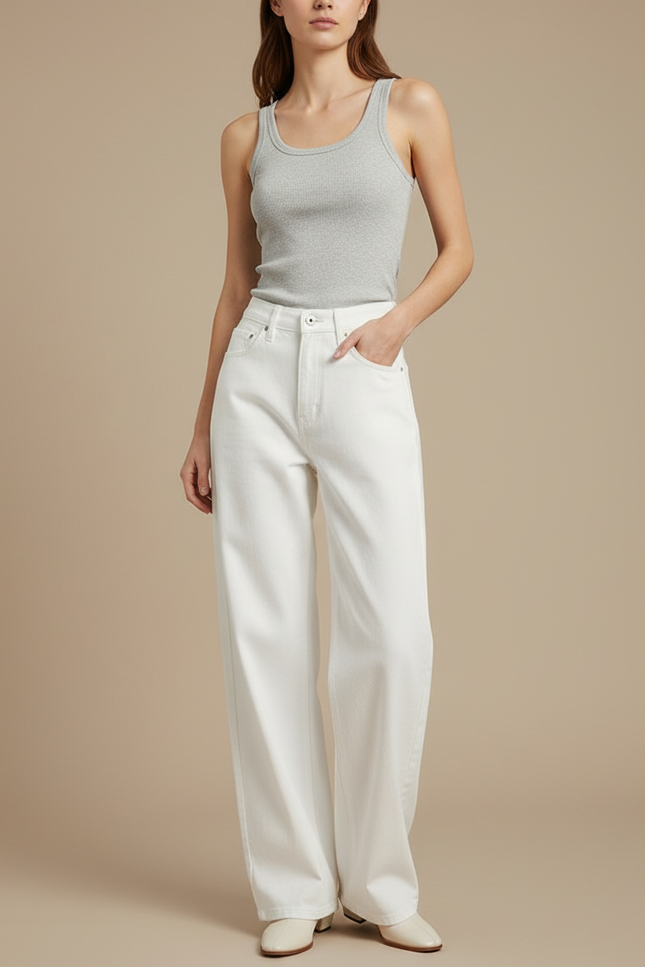 Pantalon Fluide Blanc Ample Taille Haute Droit Élégant - Jean