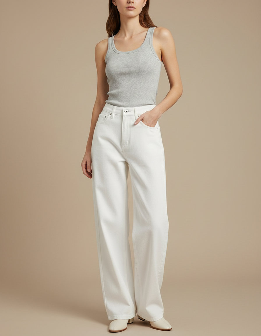 Pantalon Fluide Blanc Ample Taille Haute Droit Élégant - Jean