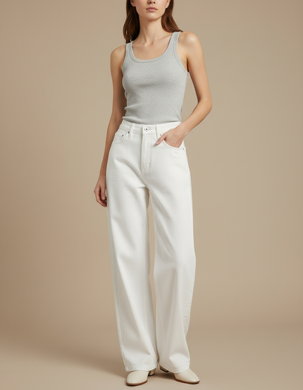 Pantalon Fluide Blanc Ample Taille Haute Droit Élégant - Jean