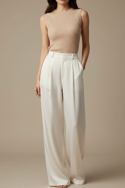 Pantalon Fluide Femme Blanc Palazzo Satin