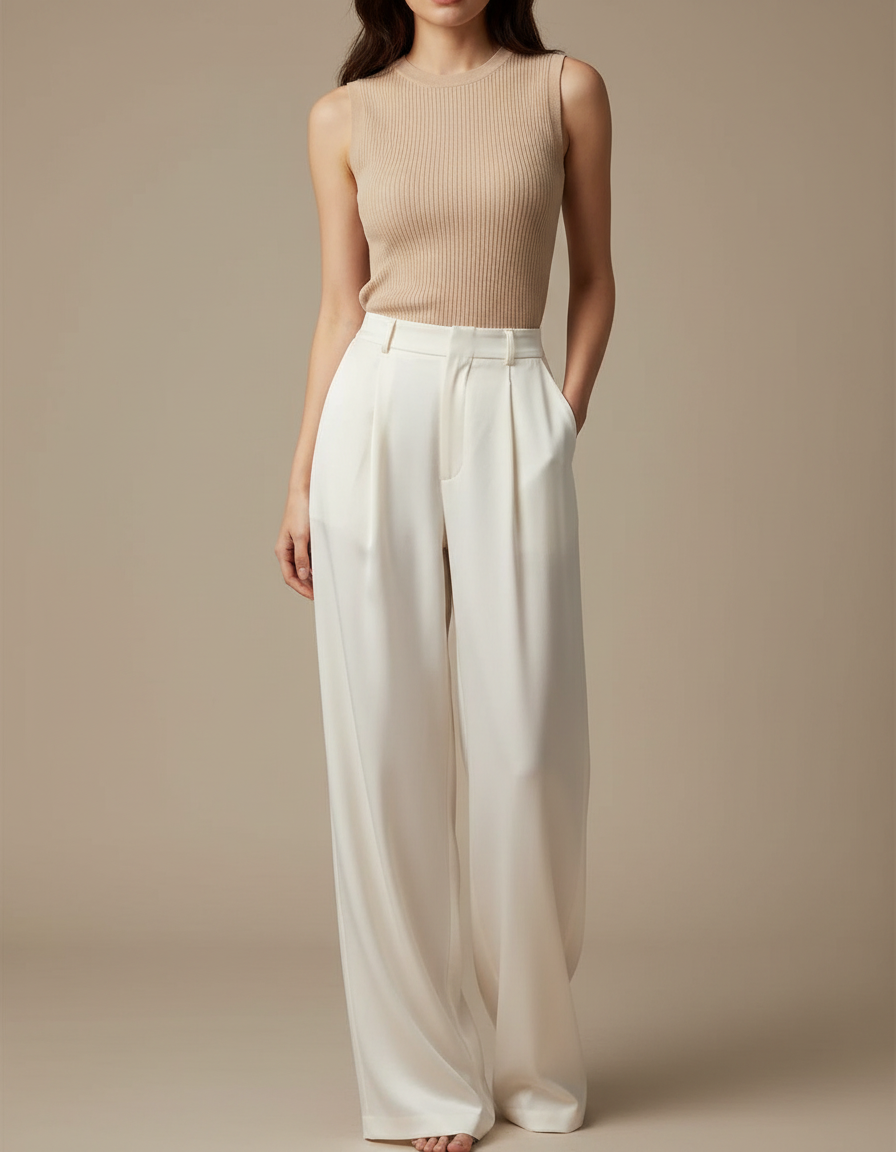 Pantalon Fluide Femme Blanc Palazzo Satin