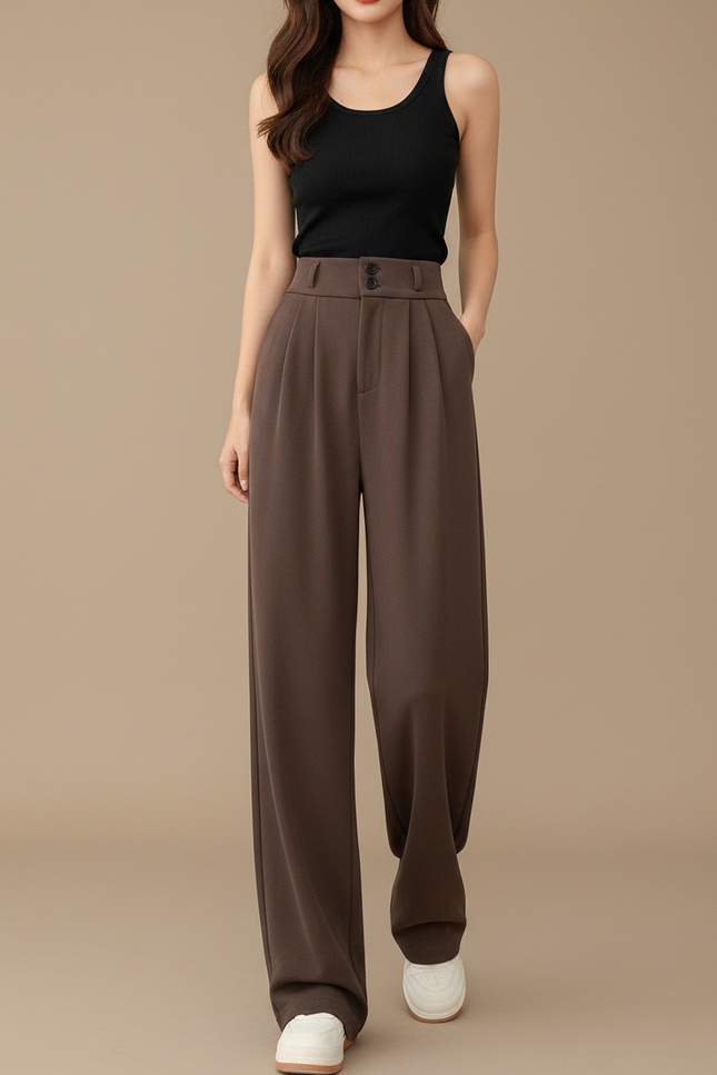Pantalon Fluide Marron Taille Haute Ample Plissé Femme - Polyester