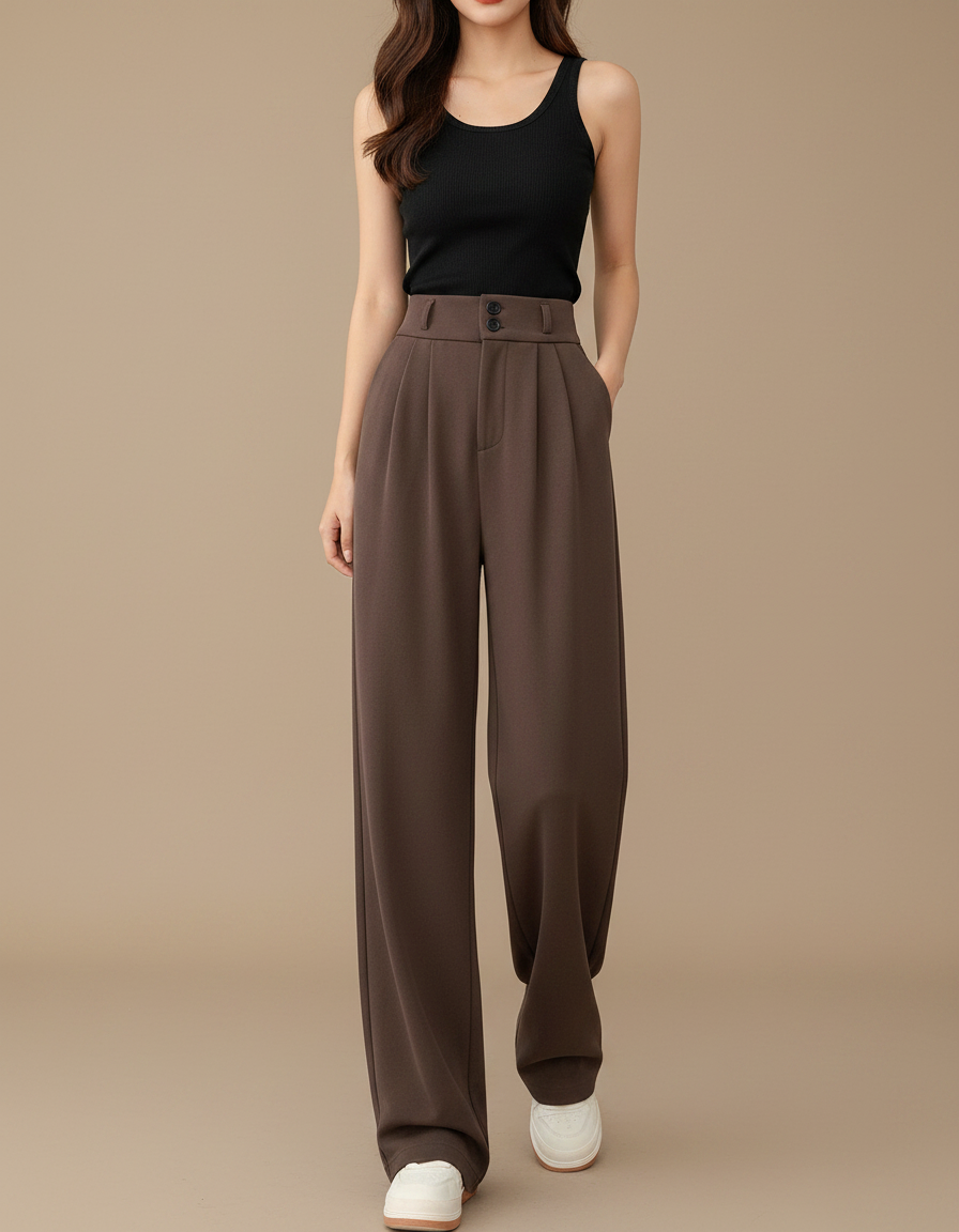 Pantalon Fluide Marron Taille Haute Ample Plissé Femme - Polyester