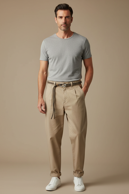 Pantalon Fluide Beige Coton Plissé Décontracté Homme