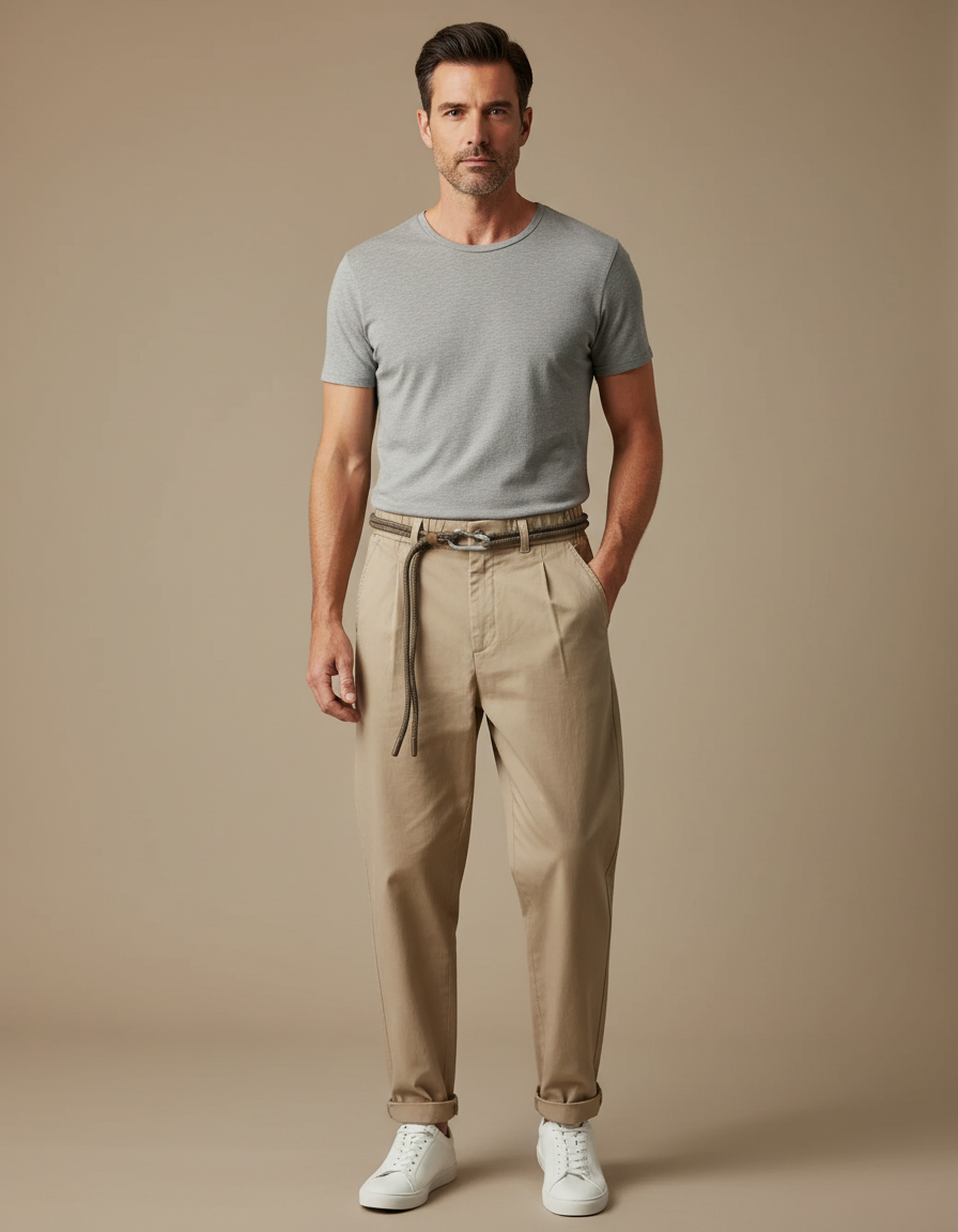 Pantalon Fluide Beige Coton Plissé Décontracté Homme