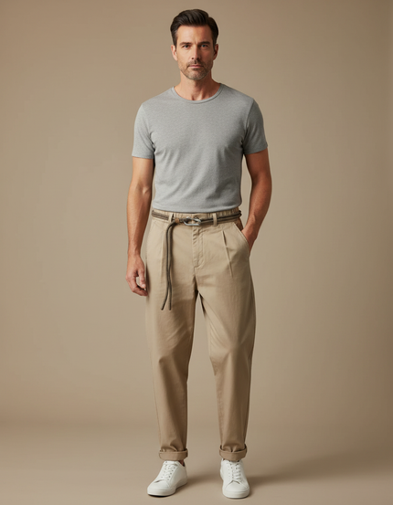 Pantalon Fluide Beige Coton Plissé Décontracté Homme