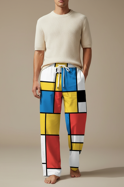 Pantalon Fluide Géométrique Ample Coloré Estival Confortable - Multicolore Polyester