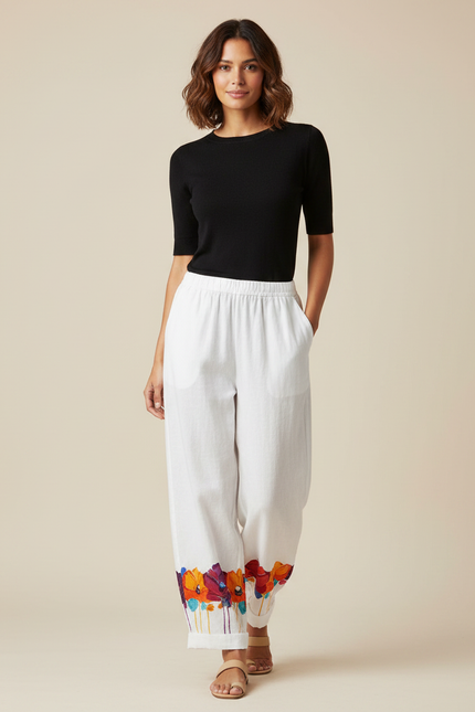 Pantalon Fluide Blanc Floral Ample Décontracté Femme - Lin