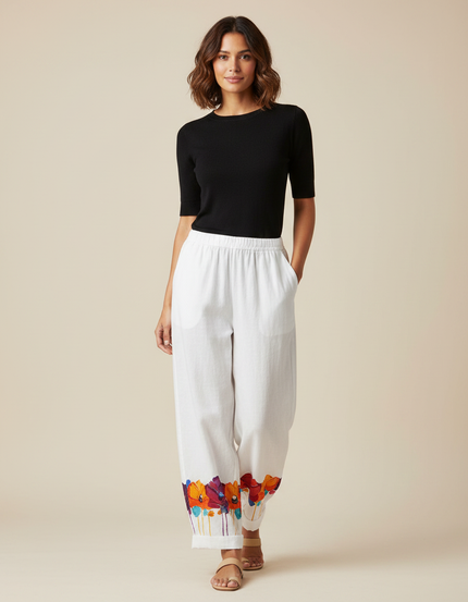 Pantalon Fluide Blanc Floral Ample Décontracté Femme - Lin