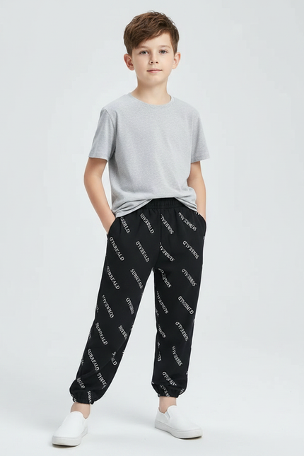 Pantalon Fluide Noir Imprimé Blanc Coton Décontracté Garçon - Molleton