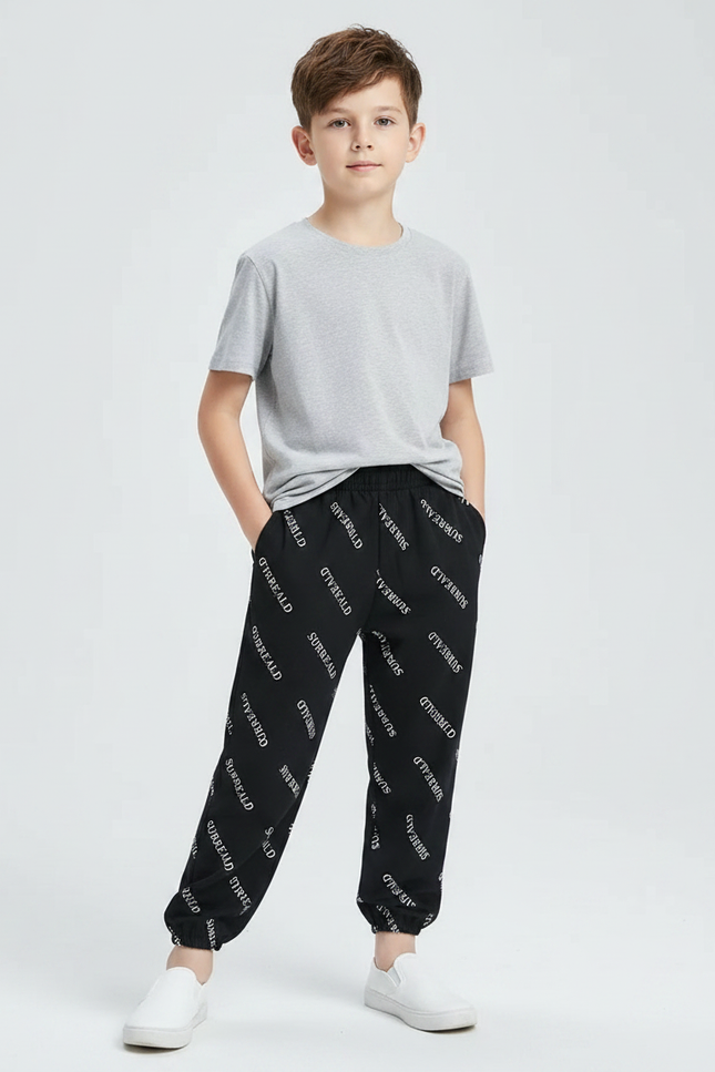 Pantalon Fluide Noir Imprimé Blanc Coton Décontracté Garçon - Molleton