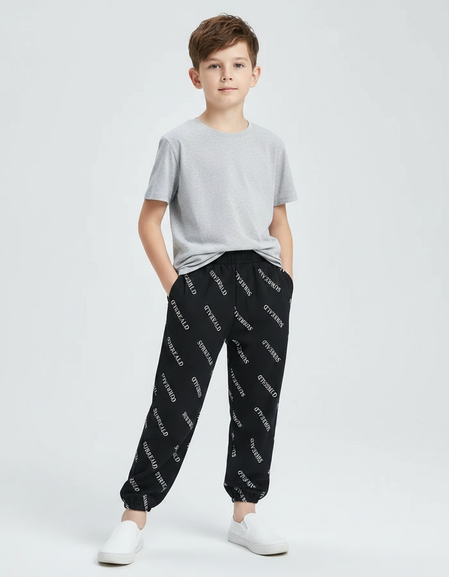 Pantalon Fluide Noir Imprimé Blanc Coton Décontracté Garçon - Molleton