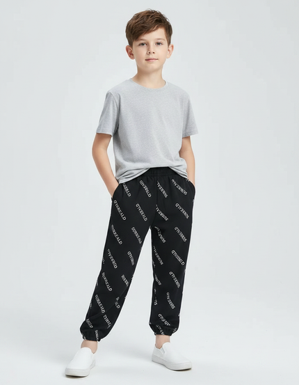 Pantalon Fluide Noir Imprimé Blanc Coton Décontracté Garçon - Molleton