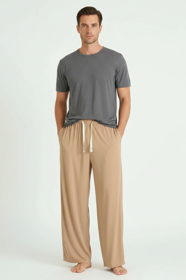 Pantalon Fluide Beige Cordon Ample Viscose Décontracté