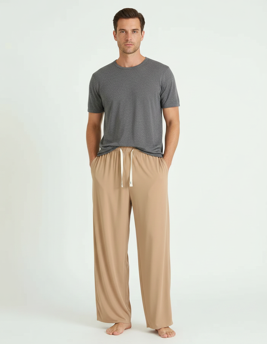 Pantalon Fluide Beige Cordon Ample Viscose Décontracté