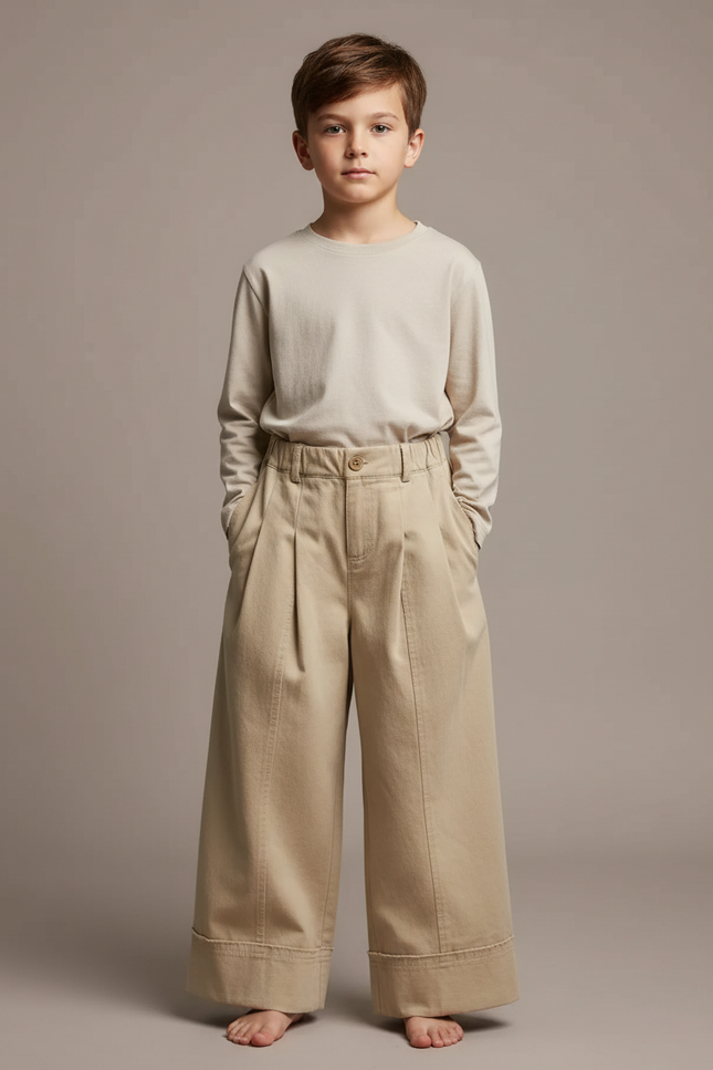 Pantalon Fluide Ample Beige Coton Enfant Décontracté - Gabardine