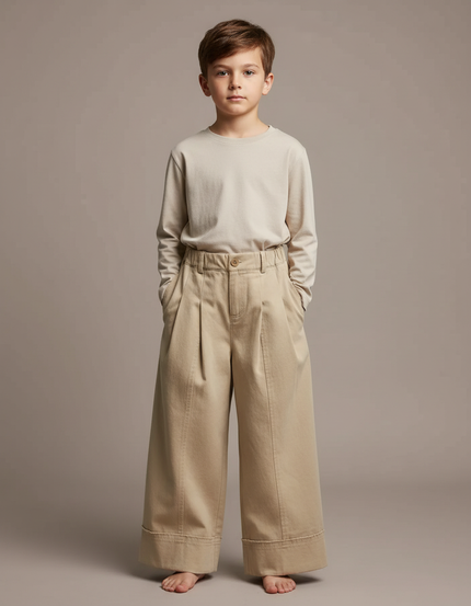 Pantalon Fluide Ample Beige Coton Enfant Décontracté - Gabardine