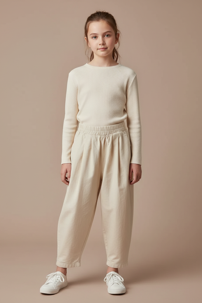 Pantalon Fluide Fille Beige Coupe Ample Coton - Toile