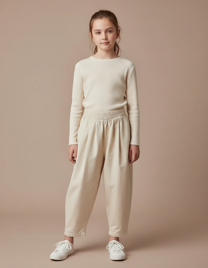 Pantalon Fluide Fille Beige Coupe Ample Coton - Toile