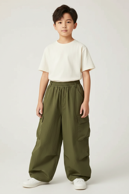 Pantalon Fluide Cargo Vert Ample Enfant Décontracté - Kaki Polyester