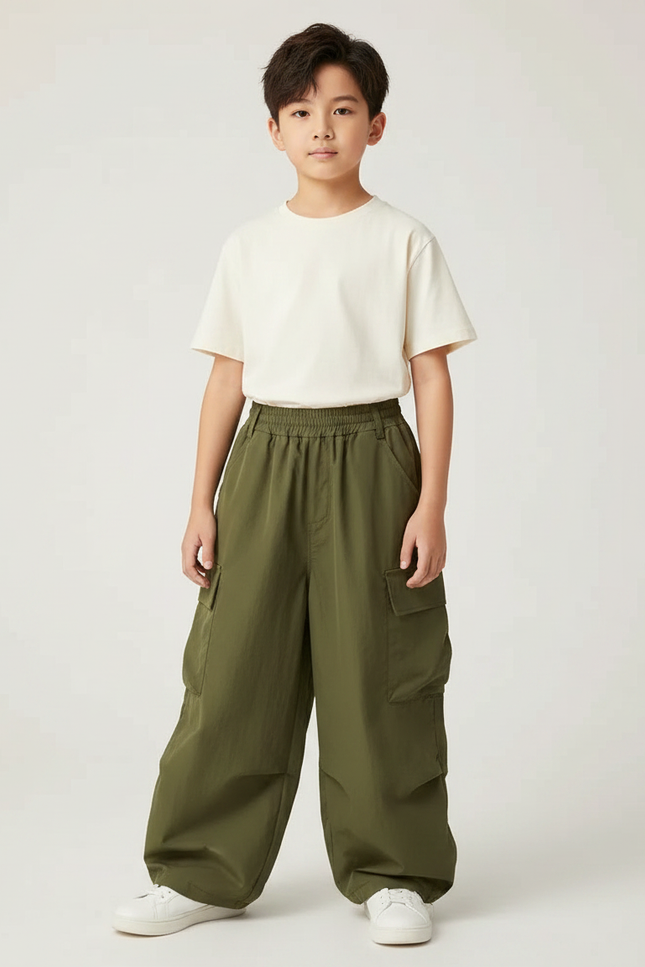 Pantalon Fluide Cargo Vert Ample Enfant Décontracté - Kaki Polyester