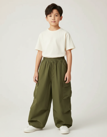 Pantalon Fluide Cargo Vert Ample Enfant Décontracté - Kaki Polyester