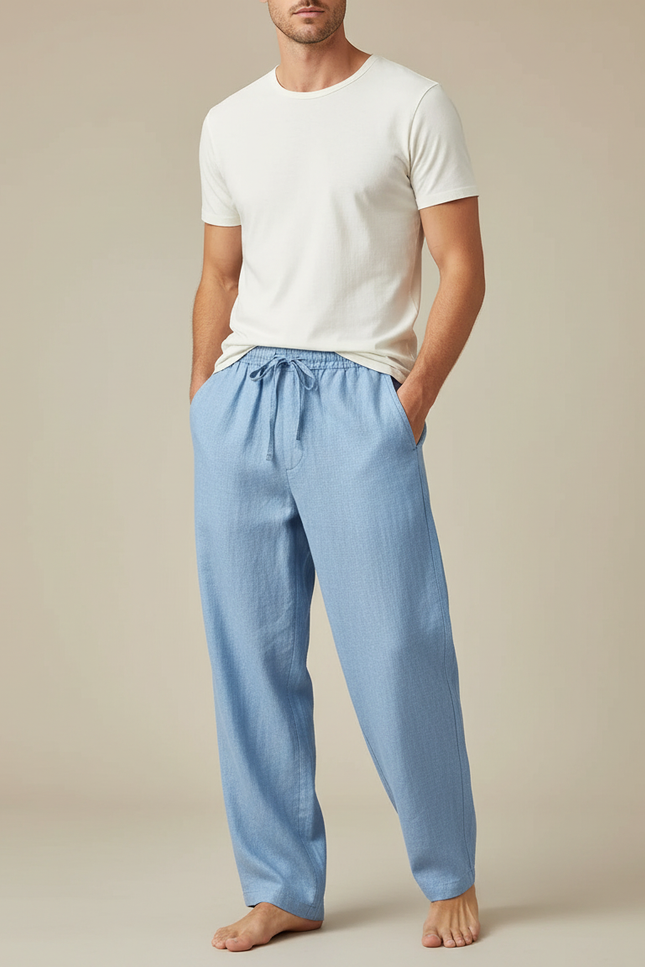 Pantalon Fluide Bleu Ciel Ample Lin Cordon Décontracté