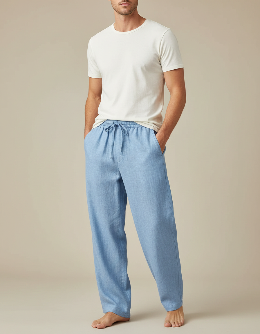 Pantalon Fluide Bleu Ciel Ample Lin Cordon Décontracté