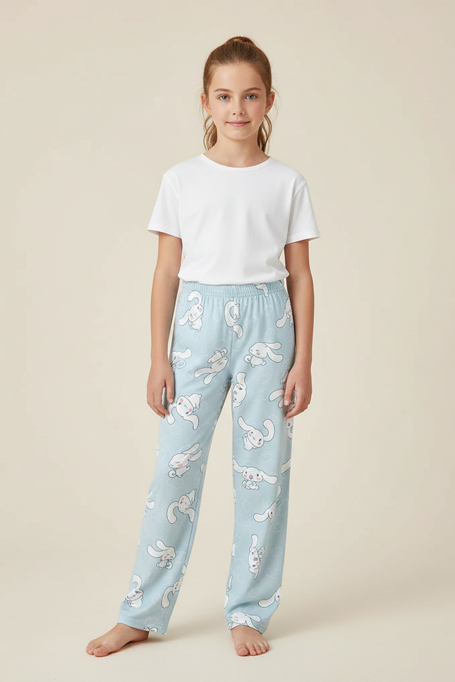 Pantalon Fluide Bleu Ciel Imprimé Lapins Mignon Confortable - Molleton