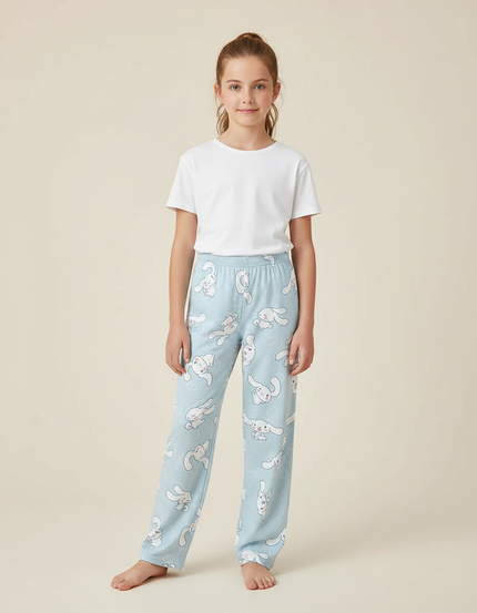 Pantalon Fluide Bleu Ciel Imprimé Lapins Mignon Confortable - Molleton