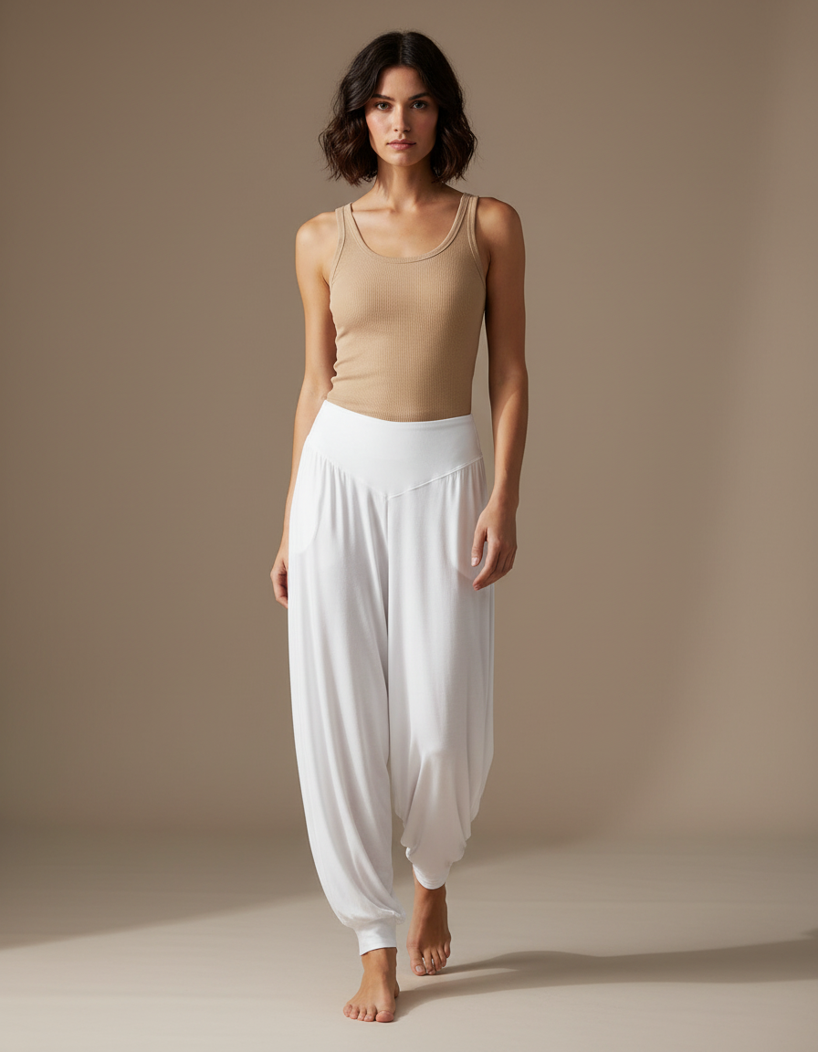 Pantalon Fluide Blanc Ample Yoga Confortable Femme - Viscose
