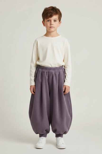 Pantalon Fluide Violet Côtelé Harem Ample Enfant - Cordé