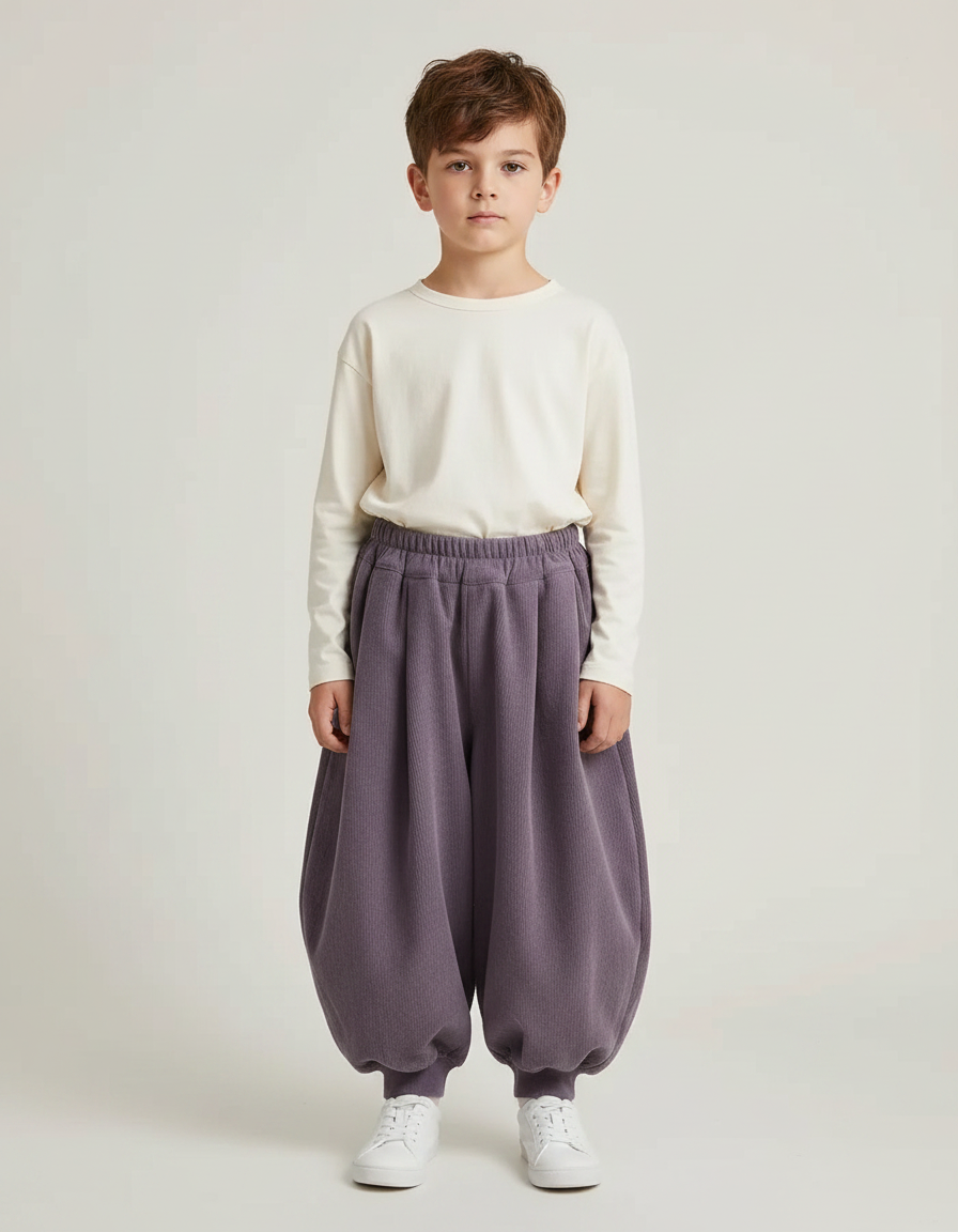 Pantalon Fluide Violet Côtelé Harem Ample Enfant - Cordé