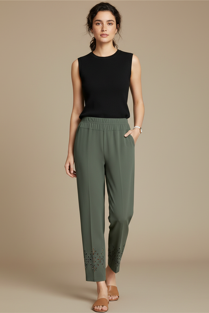 Pantalon Fluide Kaki Ample Découpé Cheville Femme - Polyester