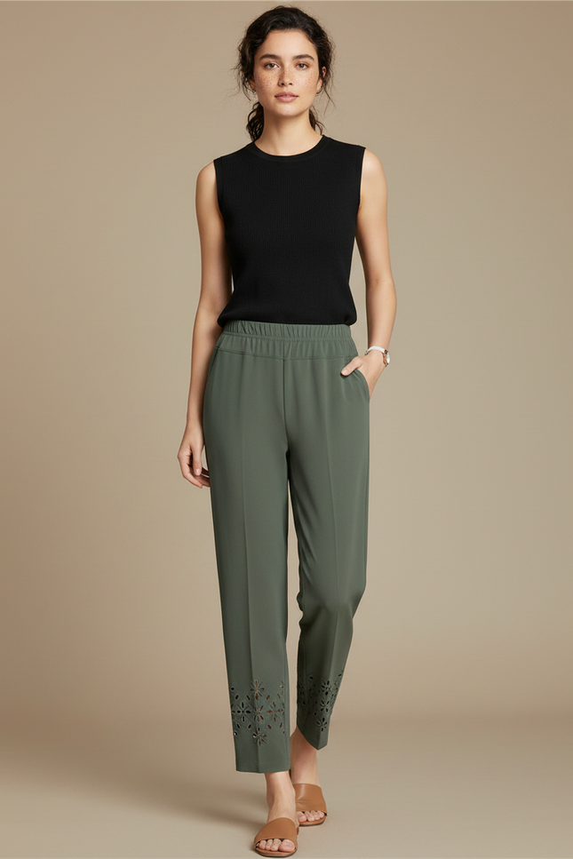 Pantalon Fluide Kaki Ample Découpé Cheville Femme - Polyester
