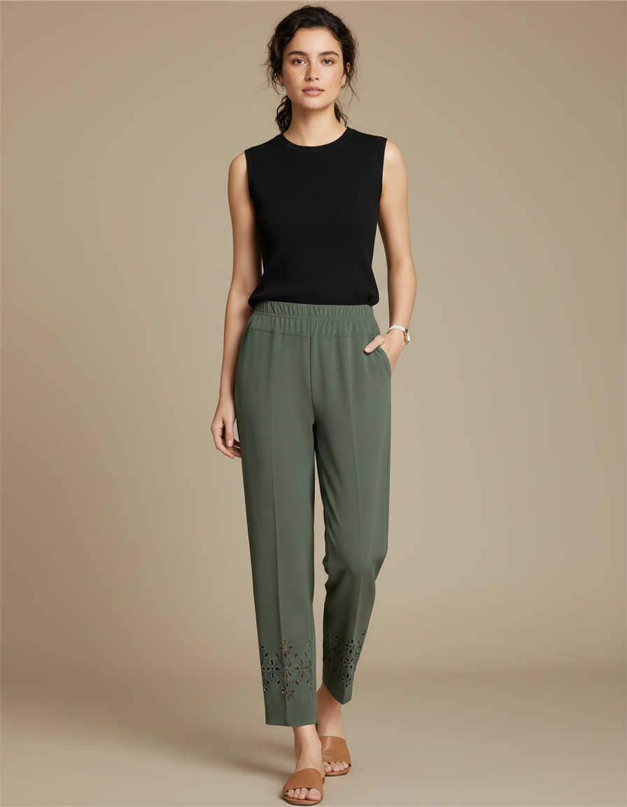 Pantalon Fluide Kaki Ample Découpé Cheville Femme - Polyester