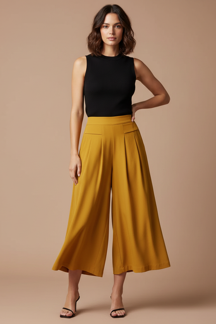 Pantalon Fluide Ample Jaune Ocre Taille Haute Élégant - Viscose