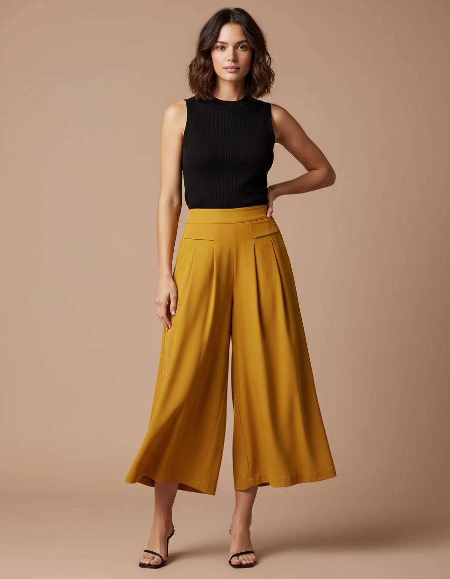 Pantalon Fluide Ample Jaune Ocre Taille Haute Élégant - Viscose