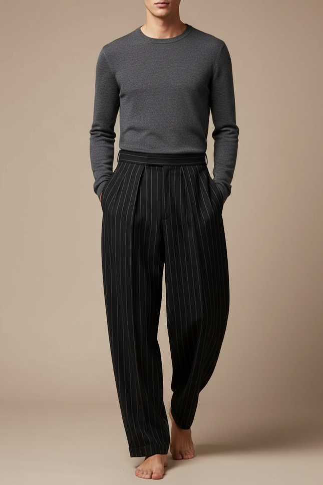 Pantalon Fluide Noir Rayé Ample Plissé Homme - Laine