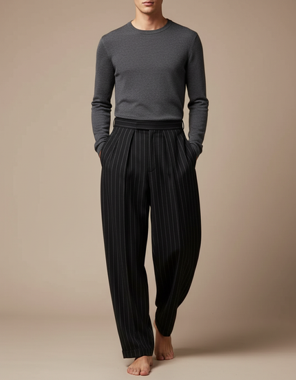 Pantalon Fluide Noir Rayé Ample Plissé Homme - Laine