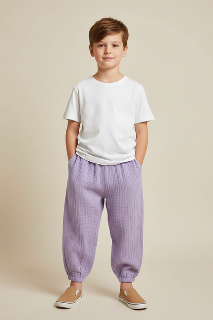Pantalon Fluide Lilas Ample Coton Gaze Confortable Garçon - Violet