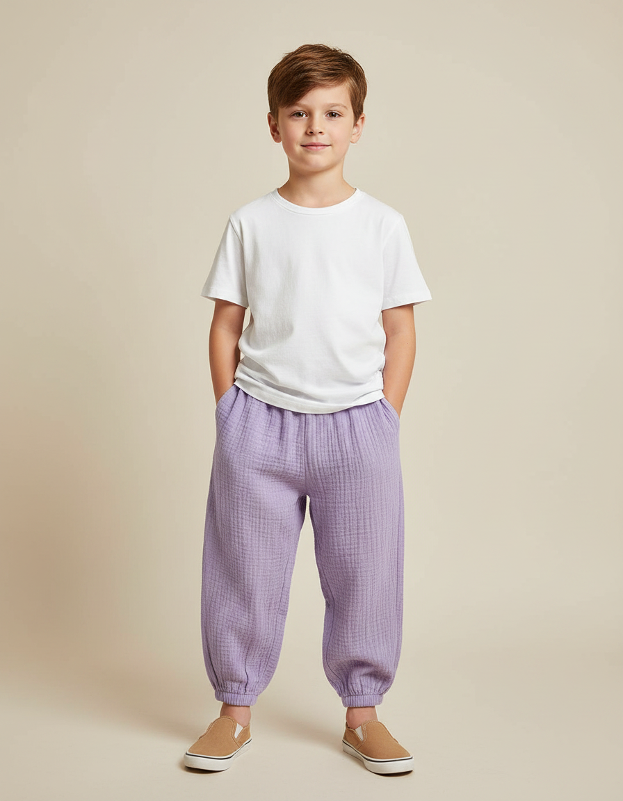 Pantalon Fluide Lilas Ample Coton Gaze Confortable Garçon - Violet