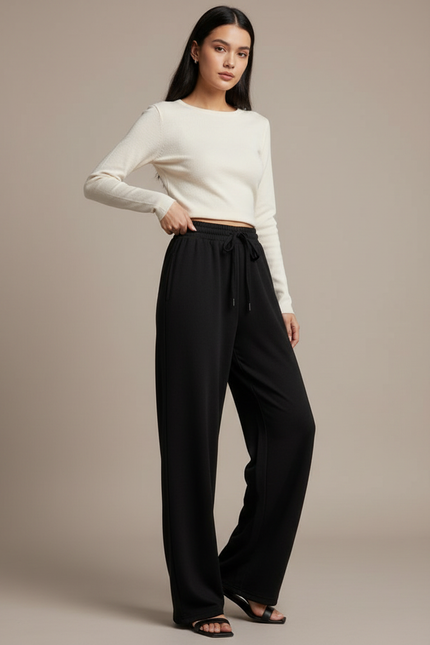 Pantalon Femme Fluide Taille Elastique - Noir Viscose