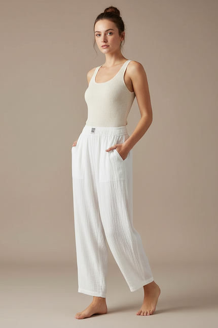 Pantalon Fluide Blanc Ample Coton Décontracté Harem