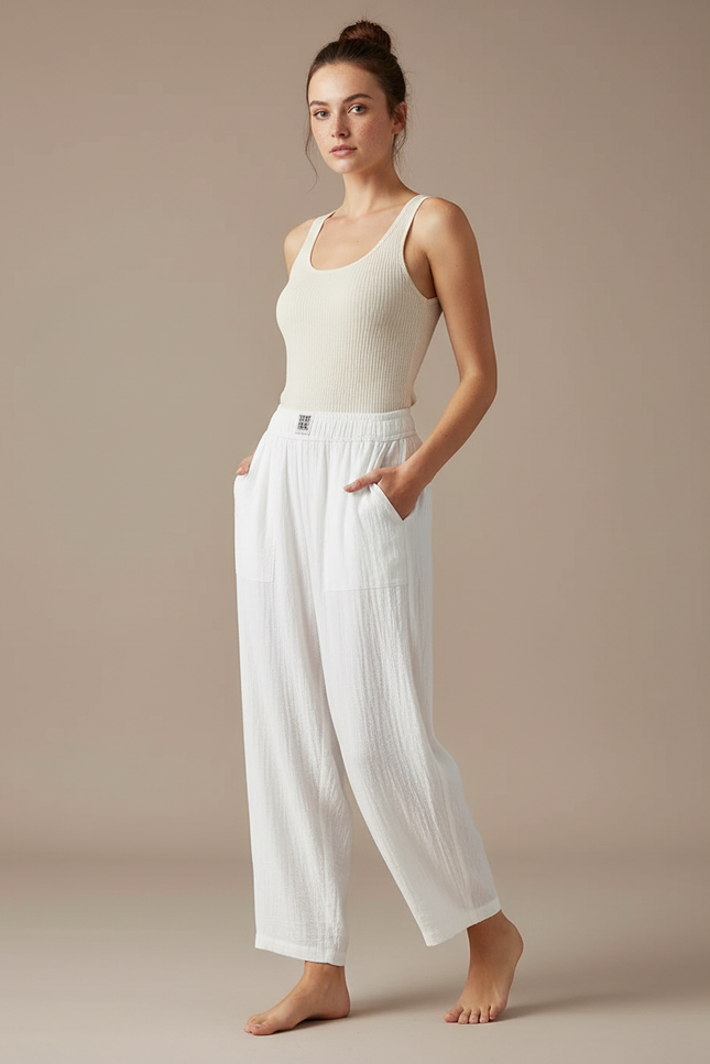 Pantalon Fluide Blanc Ample Coton Décontracté Harem