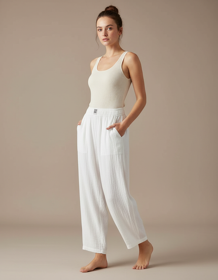 Pantalon Fluide Blanc Ample Coton Décontracté Harem