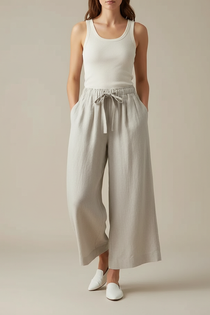 Pantalon Fluide Gris Lin Ample Taille Haute Décontracté